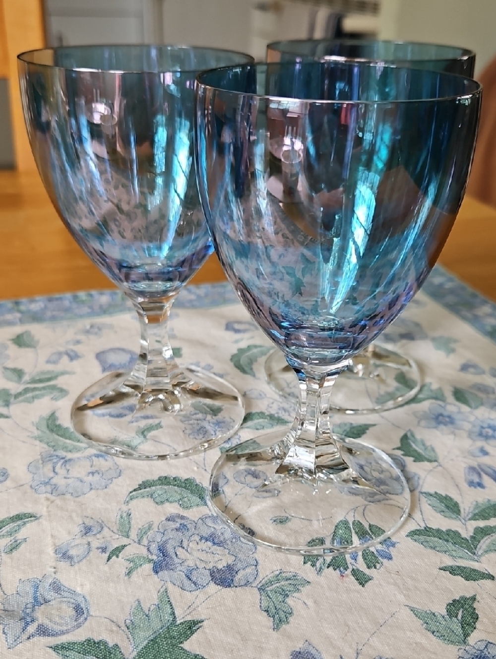 Vintage Iridescent Blue Wine Glasses - Set of 3